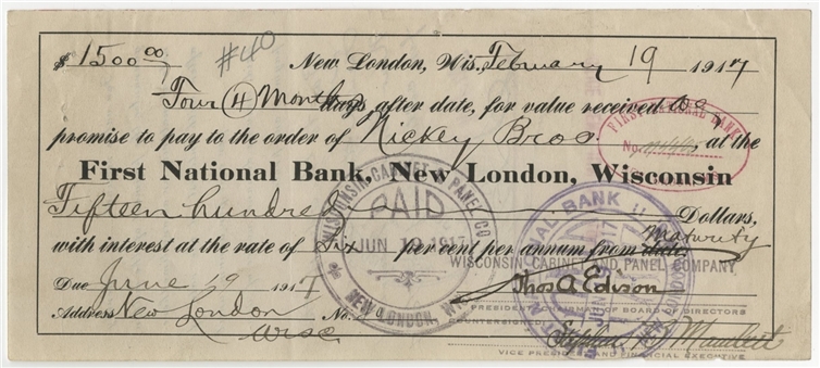 Thomas Edison Signed First National Bank, New London, Wisconsin Promissory Note Dated February 19, 1917 (JSA)